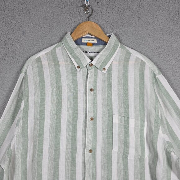 Taylor Vintage Shirt Mens Size 2XL Olive Striped Puretec Cool 100% Linen Beach - Picture 2 of 10